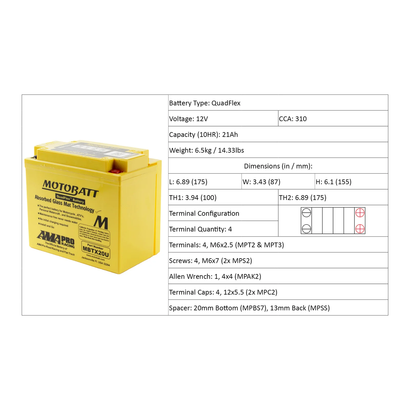 Motobatt Battery Quadflex AGM - MBTX20U - Image 4