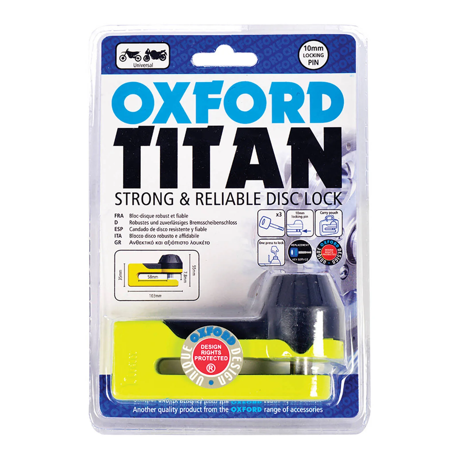 Oxford Titan 10mm Pin Disc Lock - Yellow, includes pouch - Image 3