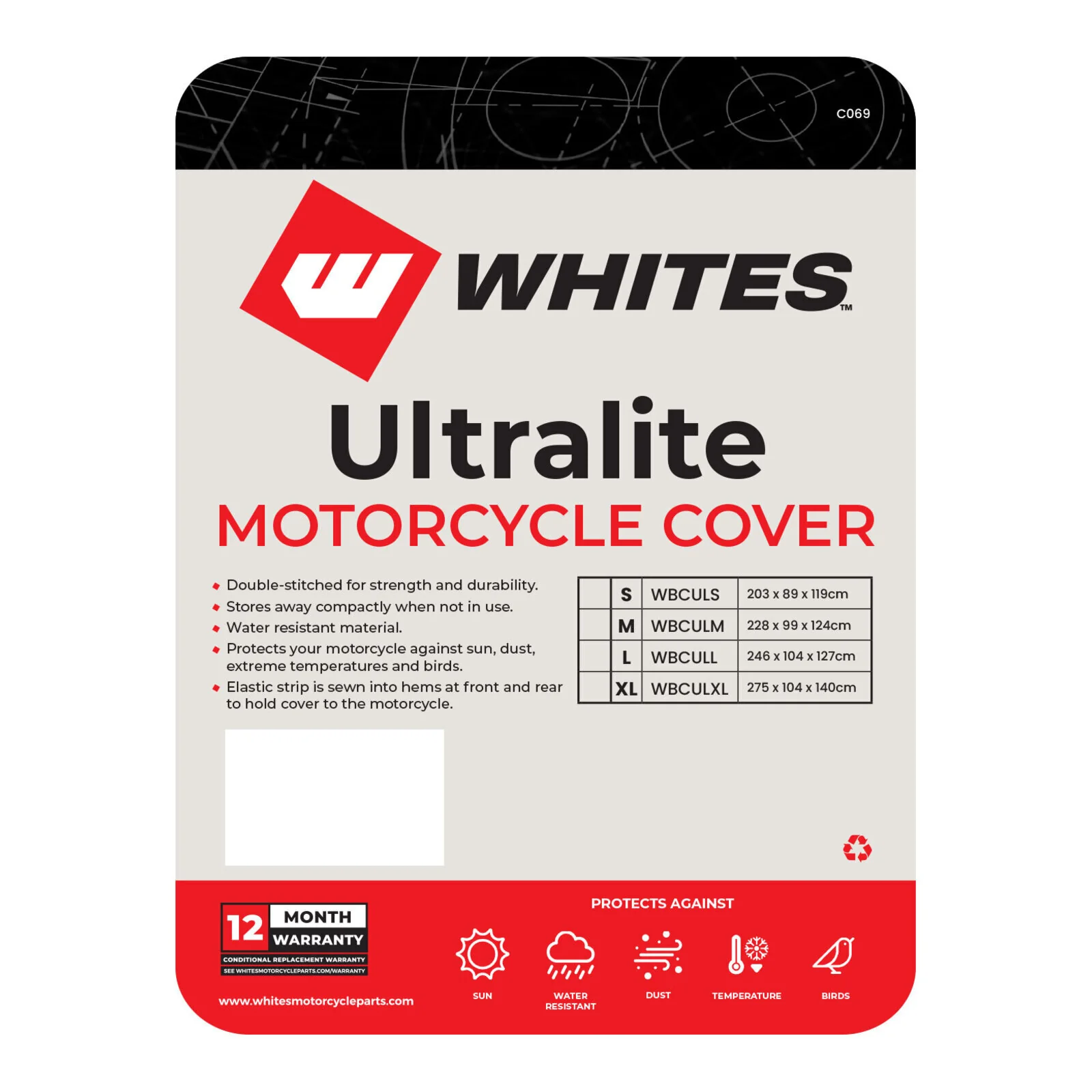 Whites Motorcycle Cover - Ultralite (M) 228 x 99 x 124cm - Image 2